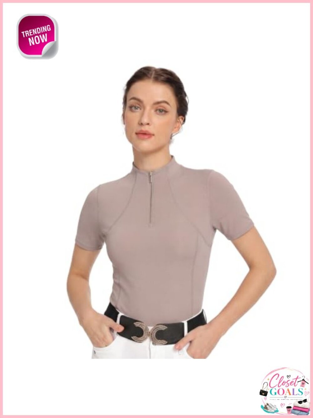 Quarter Zip Horse Riding Shirt UPF 50+ Nylon Spandex Short Sleeve Equestrian Top
